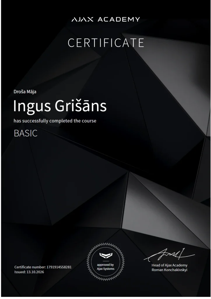 Ajax Academy sertifikāts: BASIC kurss – Ingus Grišāns, Droša Māja