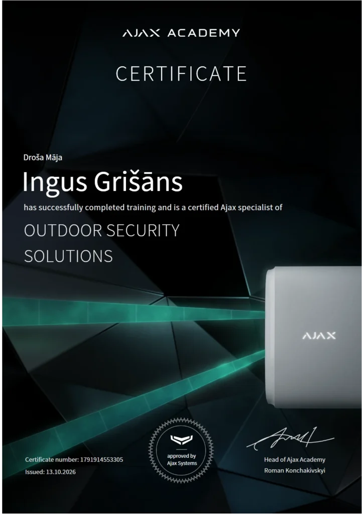 Ajax Academy sertifikāts: Outdoor Security Solutions – Ingus Grišāns, Droša Māja